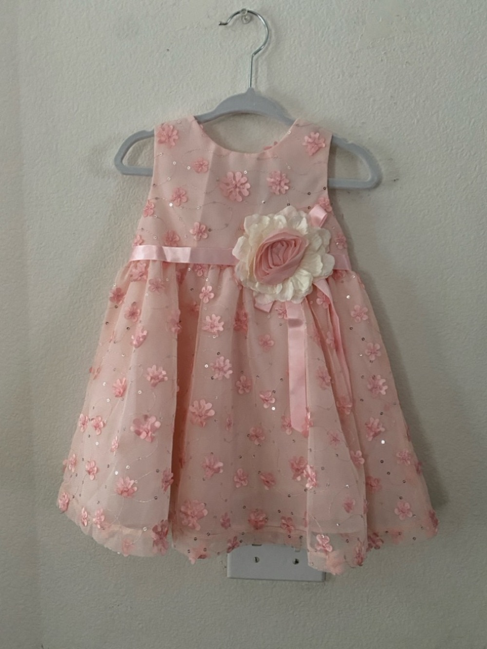 Rare Editions Pink Floral Dress with Rosette Accent